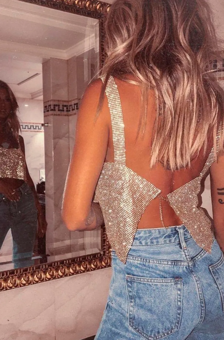 CROP TOP CRISTALES DORADO