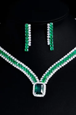 PENDIENTES TIRA DOBLE CIRCONITAS Y PIEDRAS VERDE ESMERALDA