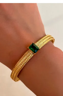 PULSERA DORADA DE ACERO CRISTAL VERDE ESMERALDA